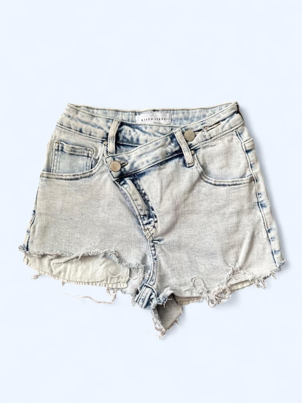 Risen Jeans Asymmetrical Waist Acid Wash Raw Hem Cutoff Denim Shorts S